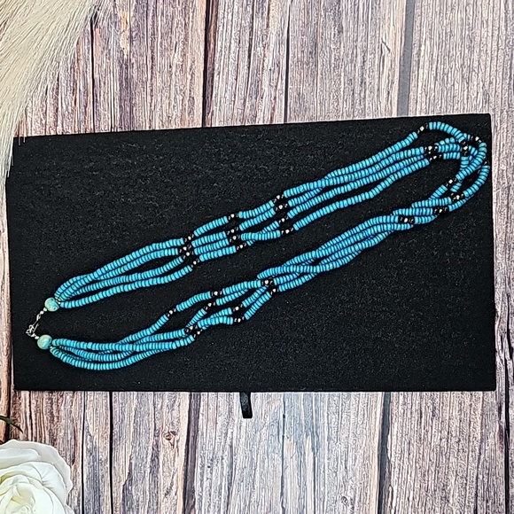 TURQUOISE WOODEN BEAD FOUR STRAND TWISTED NECKLACE - Picture 3 of 6